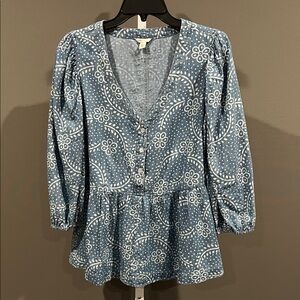 Cato Blue & White Floral Print Chambray Top